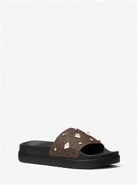 michael kors tyra slide sandal|Tyra Studded Logo Slide Sandal .